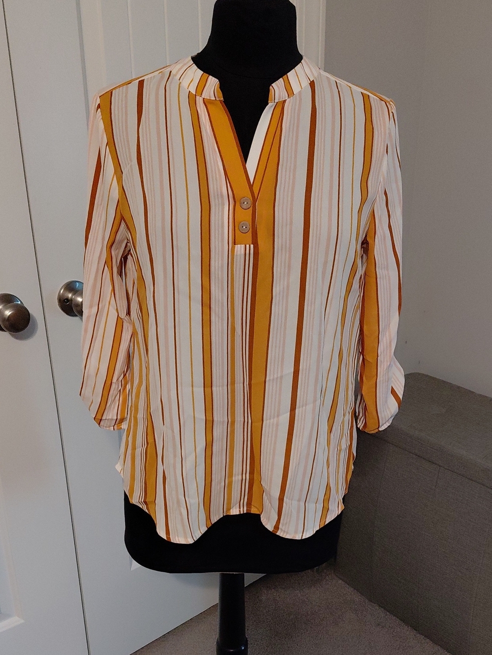 Classic Split-Neck Striped Blouse in Mustard and White